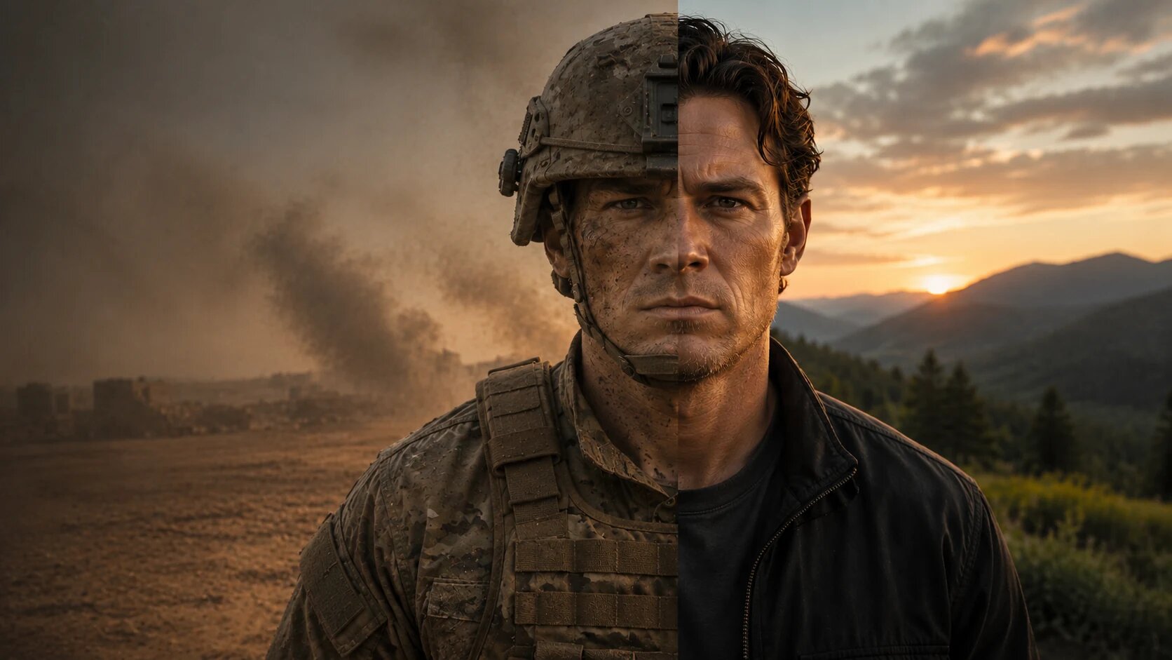 Split portrait of a veteran with one side in a clean-shaven combat helmet and OCP uniform and the other side in civilian clothing at sunset